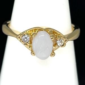 Vintage Ring Genuine Opal With Crystal Accents 14KT Gold Plate